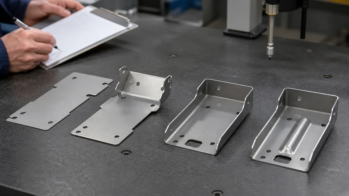 Flat, pre-bent, final, and rib-stiffened sheet metal samples showing staged forming.