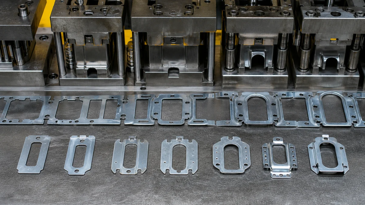 Connected stamped parts on a carrier strip beside individually transferred sheet metal blanks.