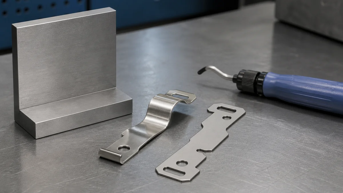 A formed stainless steel clip and its flat blank displayed with bend and edge inspection tools.