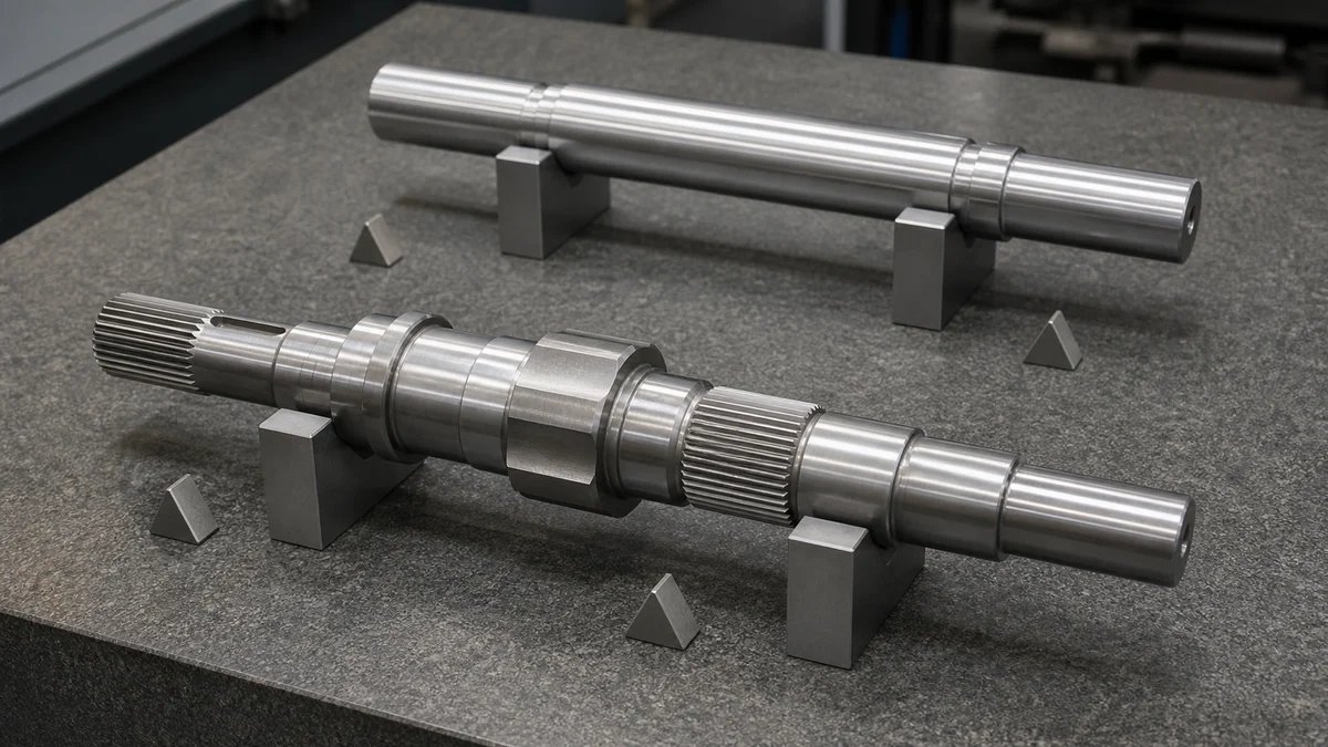 Two machined steel shafts with different geometries resting on V-blocks on an engineering inspection bench.