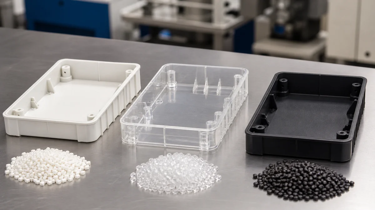 ABS PC and PC-ABS Samples Opaque and transparent molded housing samples arranged with three groups of engineering resin pellets.