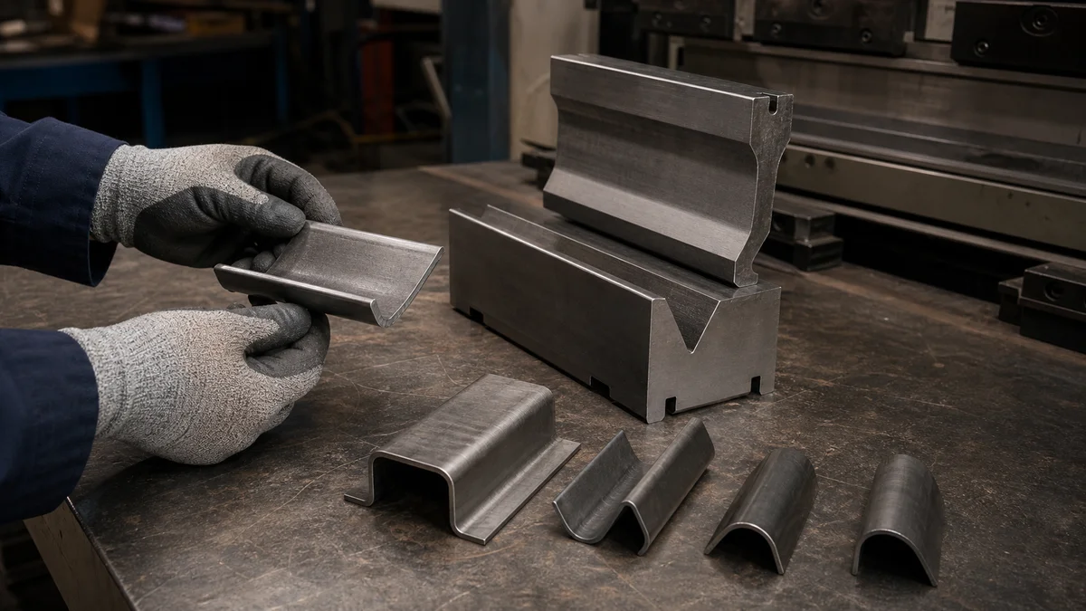 Press brake punch and die tooling arranged with several sheet metal bend coupons.