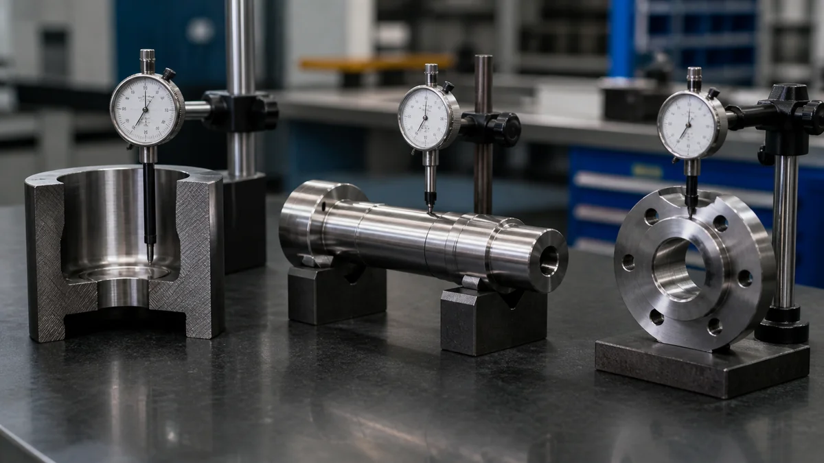 Three cylindrical machined parts arranged with indicator fixtures for comparing different rotational surface checks.