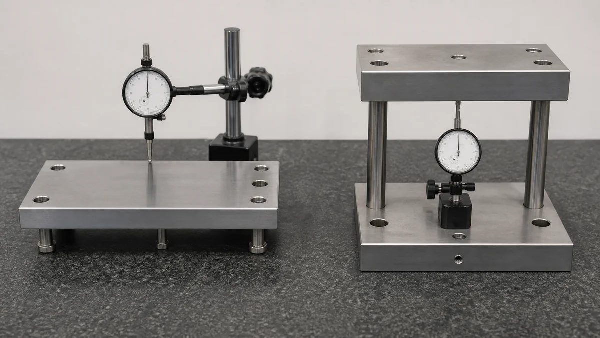 Two machined plates arranged to compare individual surface flatness with face-to-face orientation.