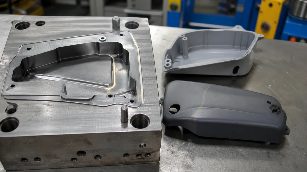 Temporary Mold Vent Test A mold insert with a temporary vent path beside incomplete and fully formed plastic samples.
