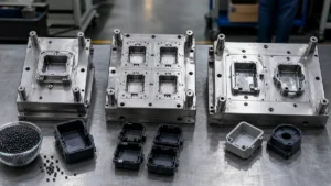 Three steel injection mold layouts showing one cavity, repeated identical cavities, and different related cavities on a clean workbench.