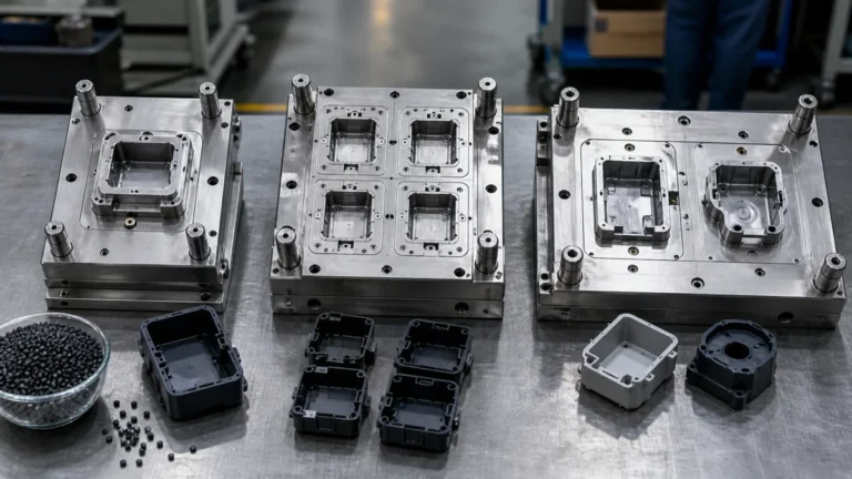 Three steel injection mold layouts showing one cavity, repeated identical cavities, and different related cavities on a clean workbench.
