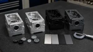 CNC machined anodized aluminum housings arranged with inspection tools and finish samples on a clean worktable.