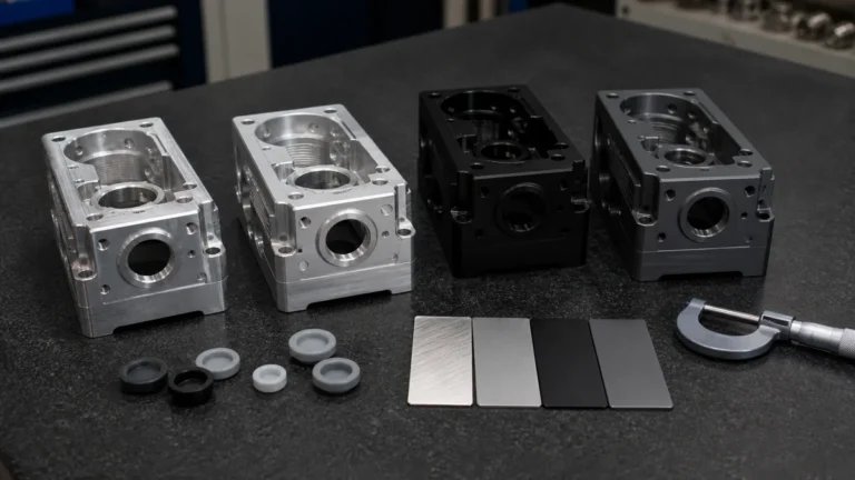 CNC machined anodized aluminum housings arranged with inspection tools and finish samples on a clean worktable.