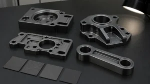 CNC machined aluminum parts with different surface textures arranged on an inspection table.