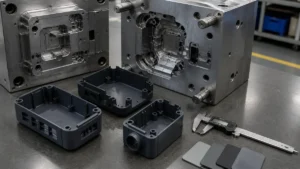 Molded plastic housings and injection mold inserts displayed on an inspection table with visible parting lines, ejector marks, and gate vestiges.