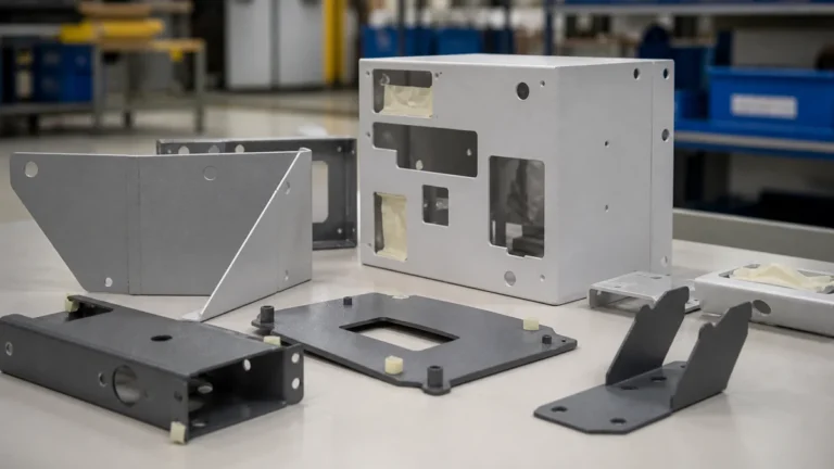 Powder-coated sheet metal brackets, panels, and an enclosure arranged on a clean inspection table.
