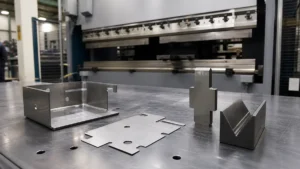Bent sheet metal bracket, flat blank, and forming tools beside an unbranded press brake.
