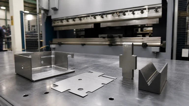 Bent sheet metal bracket, flat blank, and forming tools beside an unbranded press brake.