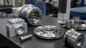 CNC machined metal parts with different surface textures beside a roughness tester on an inspection table.