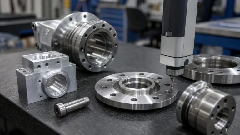 CNC machined metal parts with different surface textures beside a roughness tester on an inspection table.
