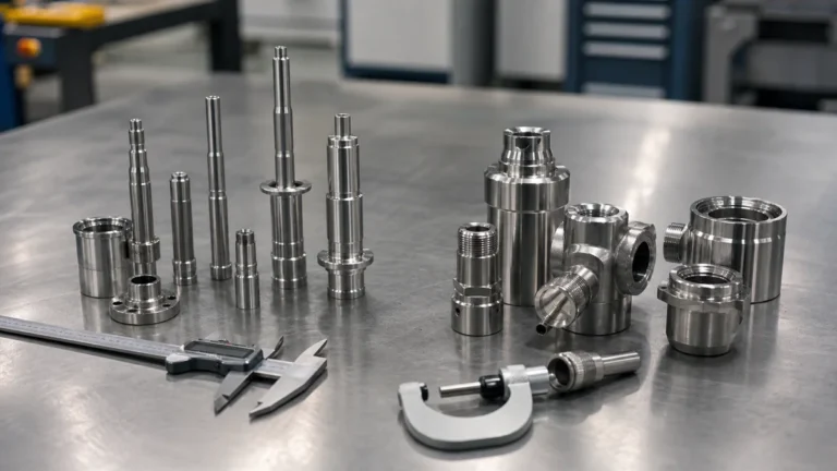 Precision-machined stainless steel shafts, fittings, and housings arranged beside inspection tools on a metal table.