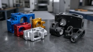 Decorative and dark hardcoat anodized CNC aluminum parts arranged side by side on an inspection bench.