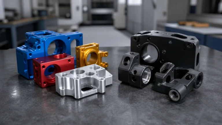 Decorative and dark hardcoat anodized CNC aluminum parts arranged side by side on an inspection bench.