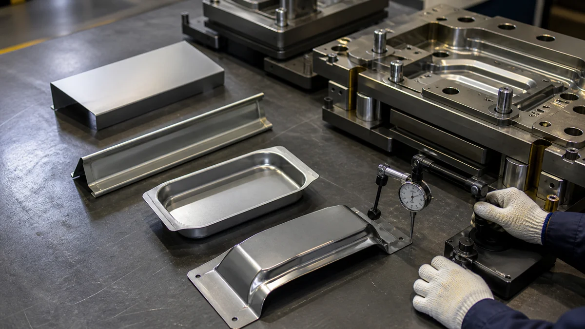 Four sheet metal samples showing bending, flanging, drawing, and draw-bending forms.