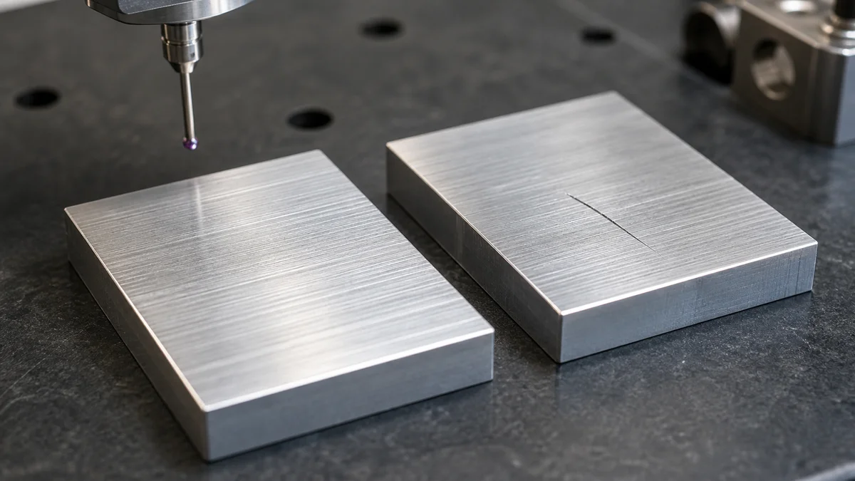 Surface Profile Comparison Two machined metal samples showing uniform texture and an isolated scratch beside a roughness probe.