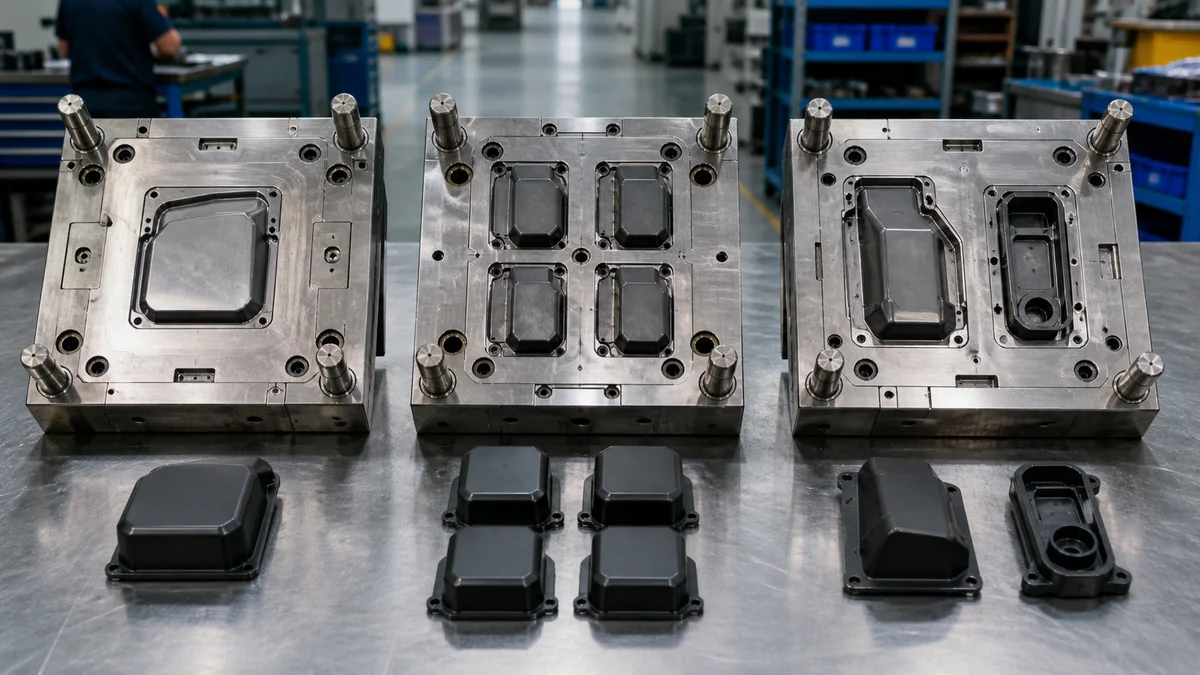 Single-cavity, multi-cavity, and family mold inserts displayed with their corresponding molded plastic parts.