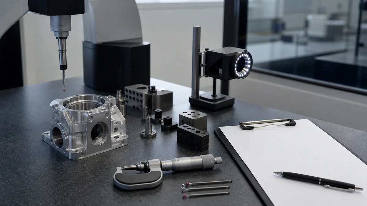 Inspection Setup Work Inspection fixtures, gauges, probe components, and a machined part arranged for setup.