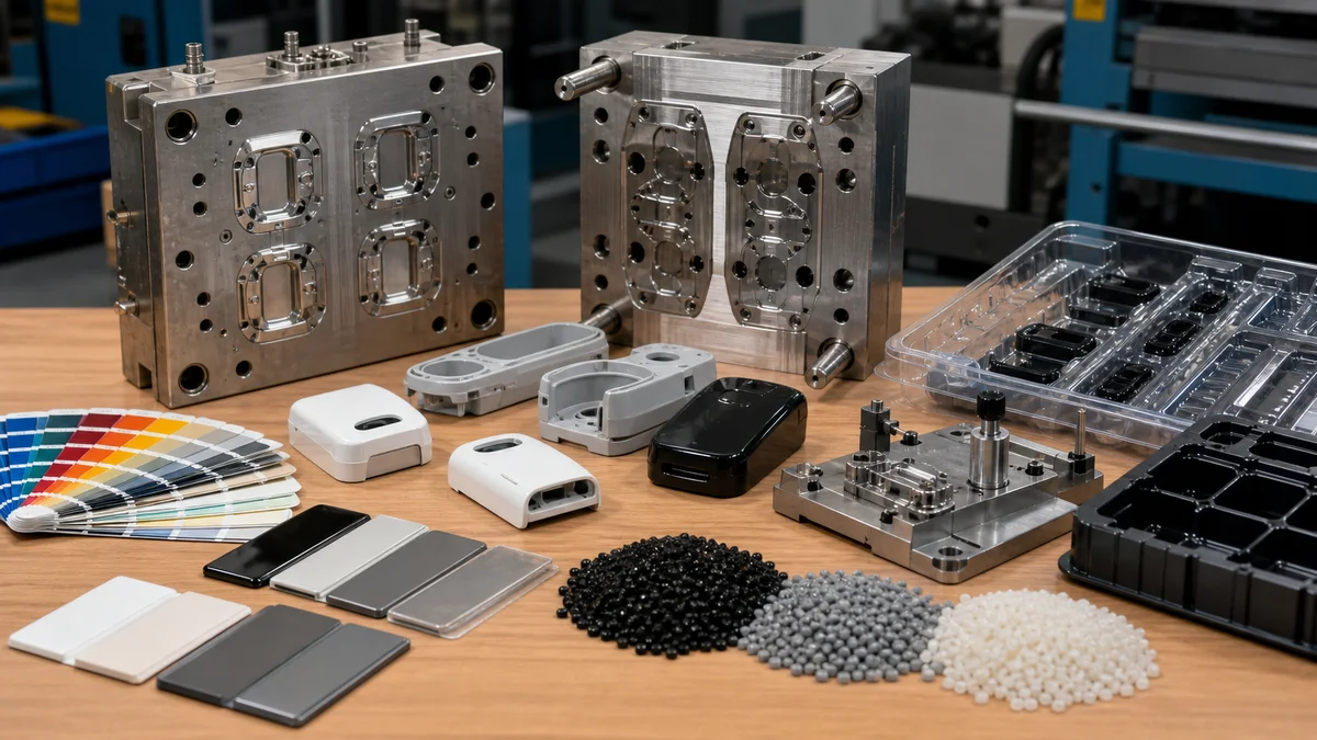 Mold Tooling and Resin Planning Resin pellets, mold components, molded samples, inspection fixtures, and packaging trays arranged for production planning.