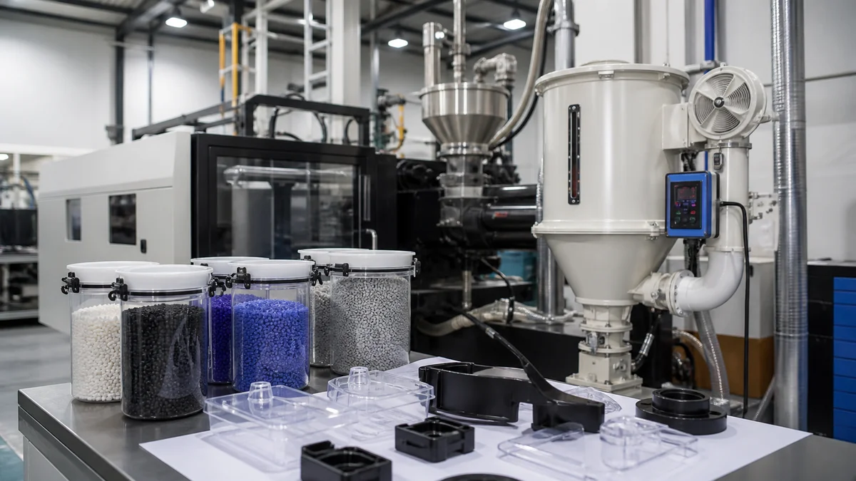 Controlled Resin Drying Sealed resin containers and a closed drying hopper connected by clean material-transfer tubing.
