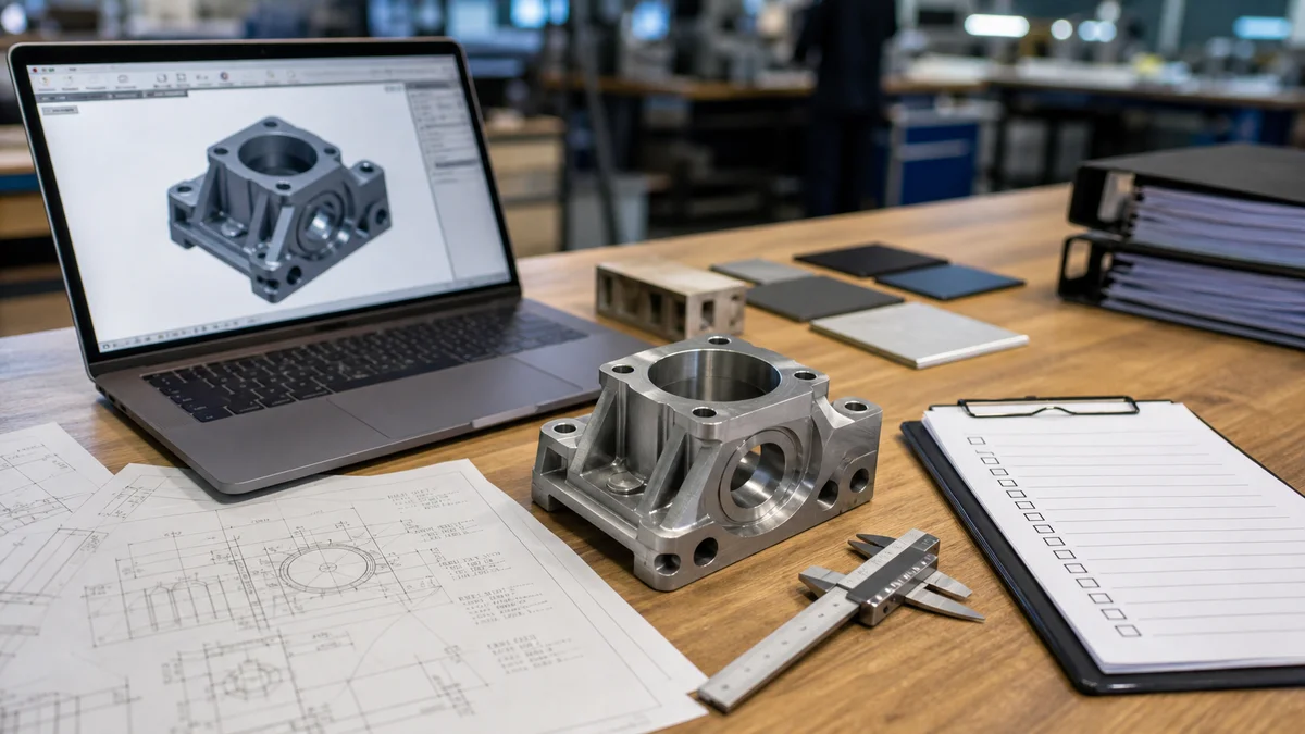 Machined part beside a generic 3D model, technical drawing, material sample, and inspection checklist.