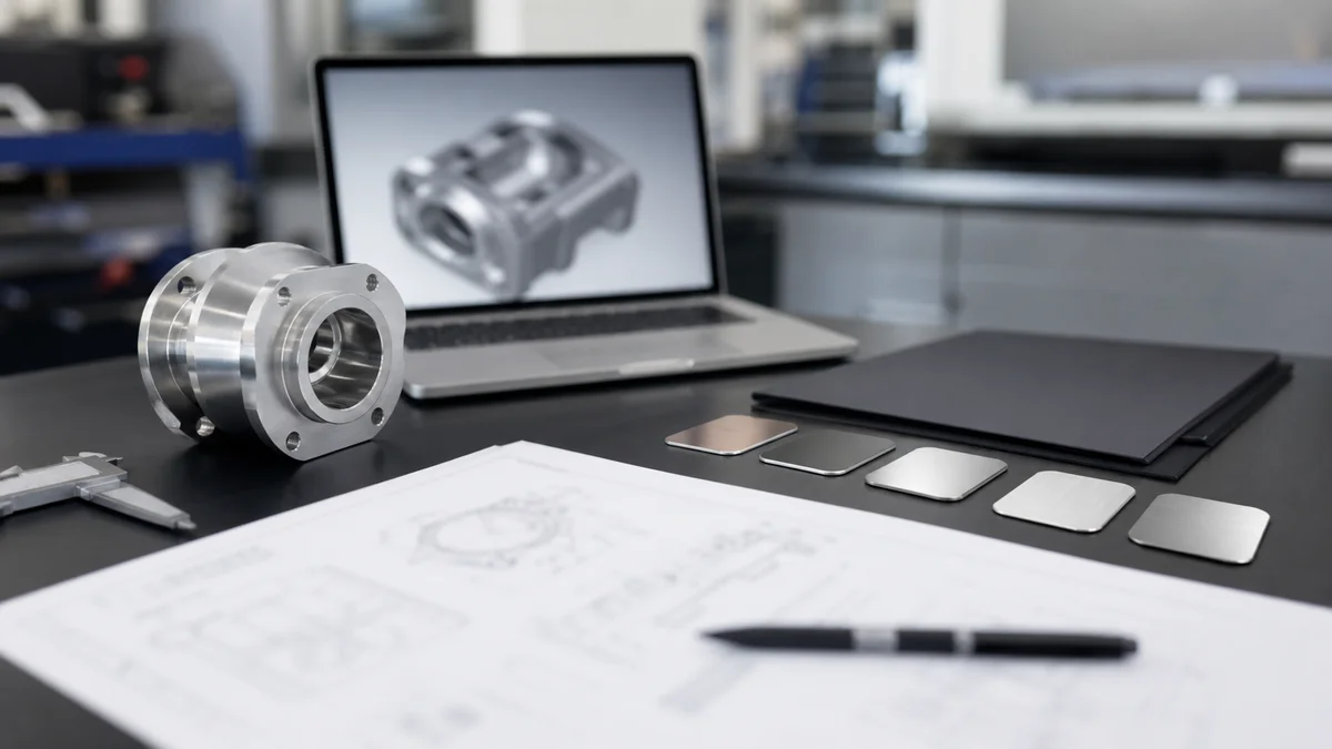 A machined stainless steel part reviewed beside a 3D model, technical drawing, caliper, and finish samples.