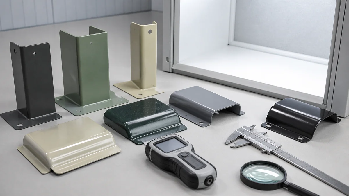 Coated sheet metal samples beside thickness and dimensional inspection tools.