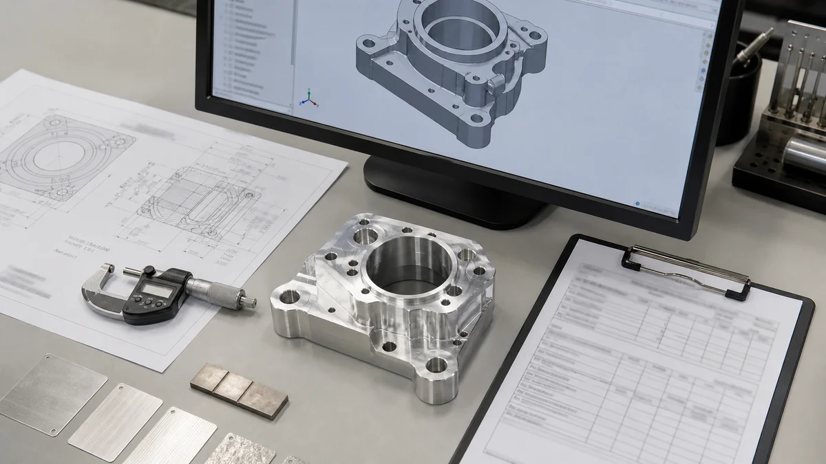 CNC RFQ Inspection Package A machined part, technical drawing, CAD model, gauge, and inspection forms arranged as an RFQ package.