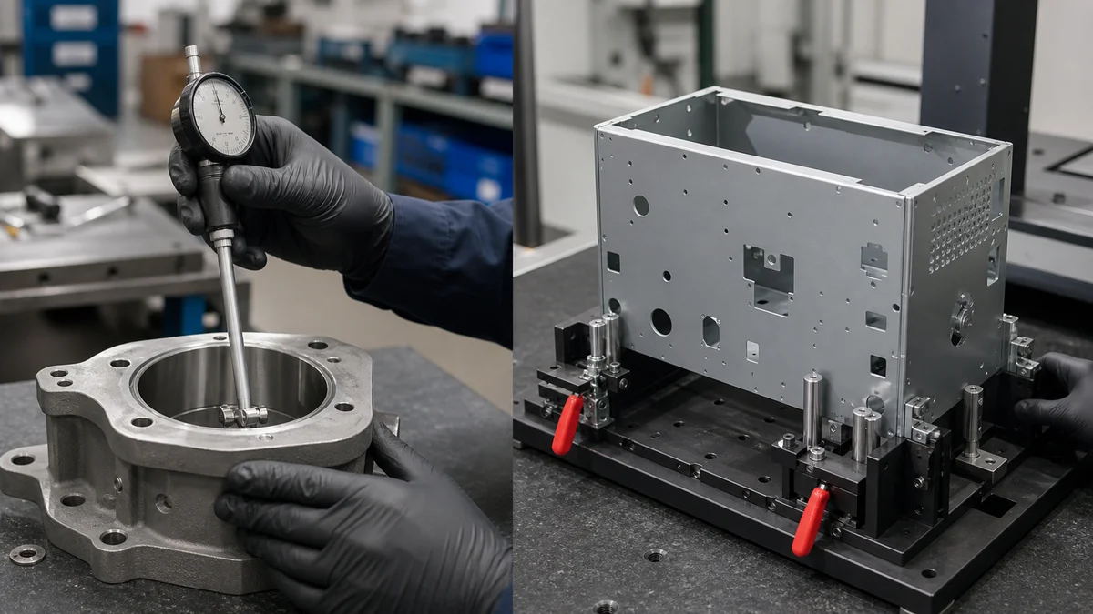 Final-State Part Inspection Machined bore and completed sheet metal enclosure undergoing final dimensional inspection.