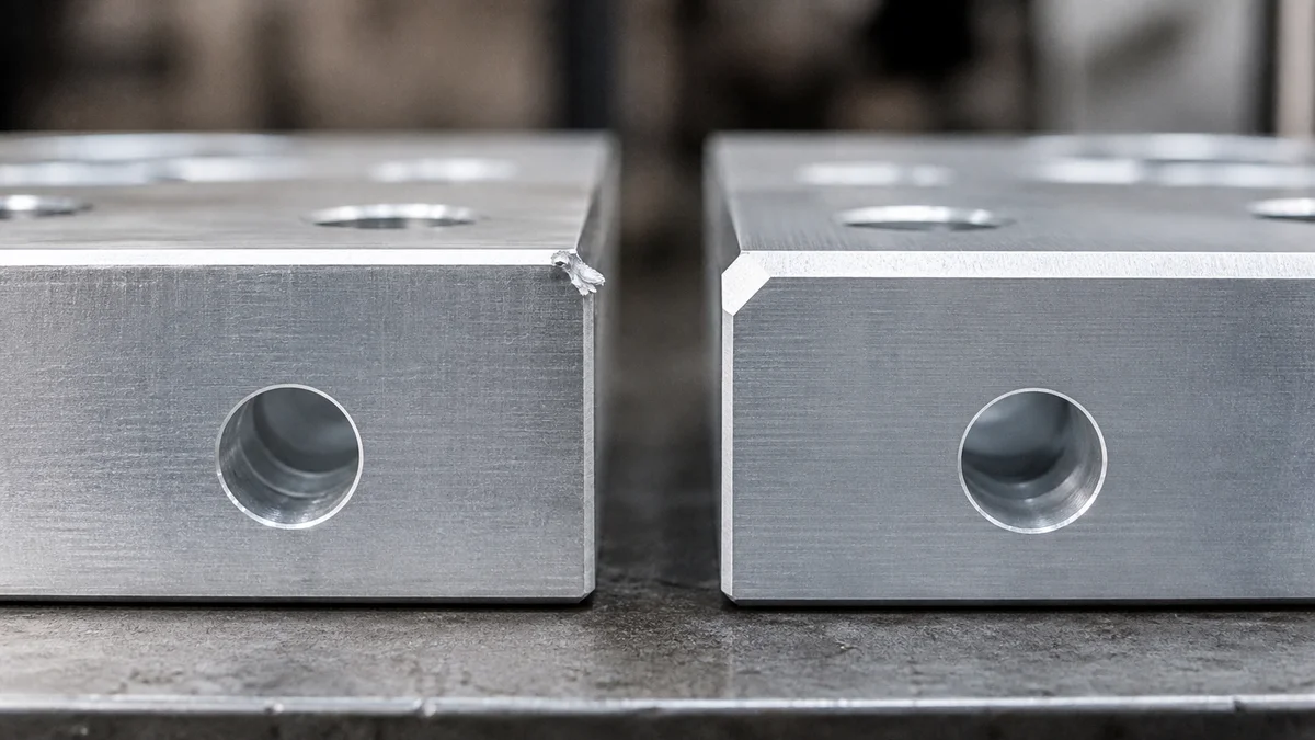Two machined aluminum blocks showing a projecting burr and a clean intentional chamfer.