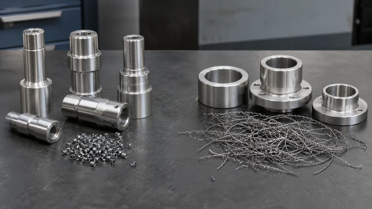 Two sets of machined stainless steel components displayed with different chip forms on an inspection bench.