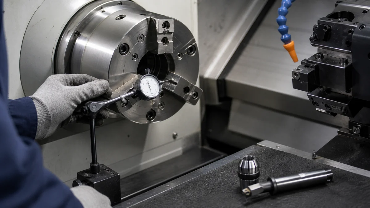 Dial indicator checking a CNC lathe chuck and clean workholding before precision finishing.