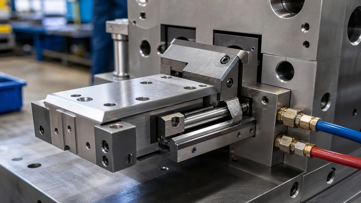 Injection Mold Slide Assembly Close view of a mold slide assembly with locking wedge, guide surfaces, shutoff interface, and cooling connections.