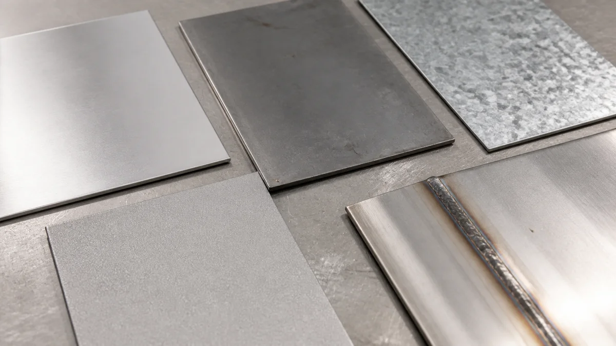 Different prepared metal surfaces and a cleaned welded edge displayed before powder coating.
