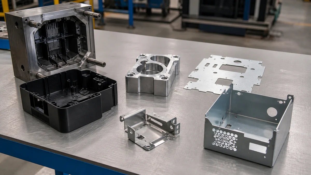 Injection Mold Cavity and Part Open injection mold with a molded plastic housing and resin pellets visible beside the cavity.