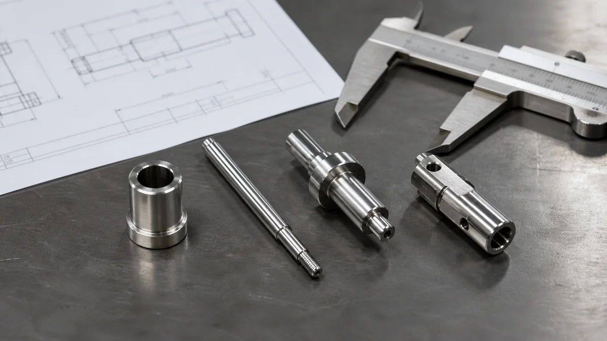Several small turned-part geometries arranged for manufacturing process review.