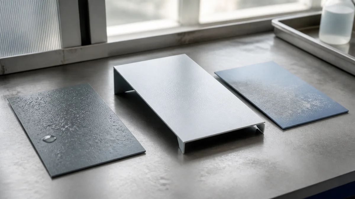 Coated metal sample panels arranged to represent indoor, humid, and salt-exposure conditions.