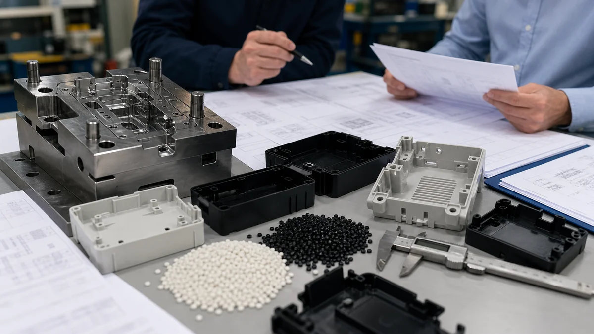 Molded housings, mold insert, resin pellets, caliper, and unreadable engineering drawings arranged for RFQ review.