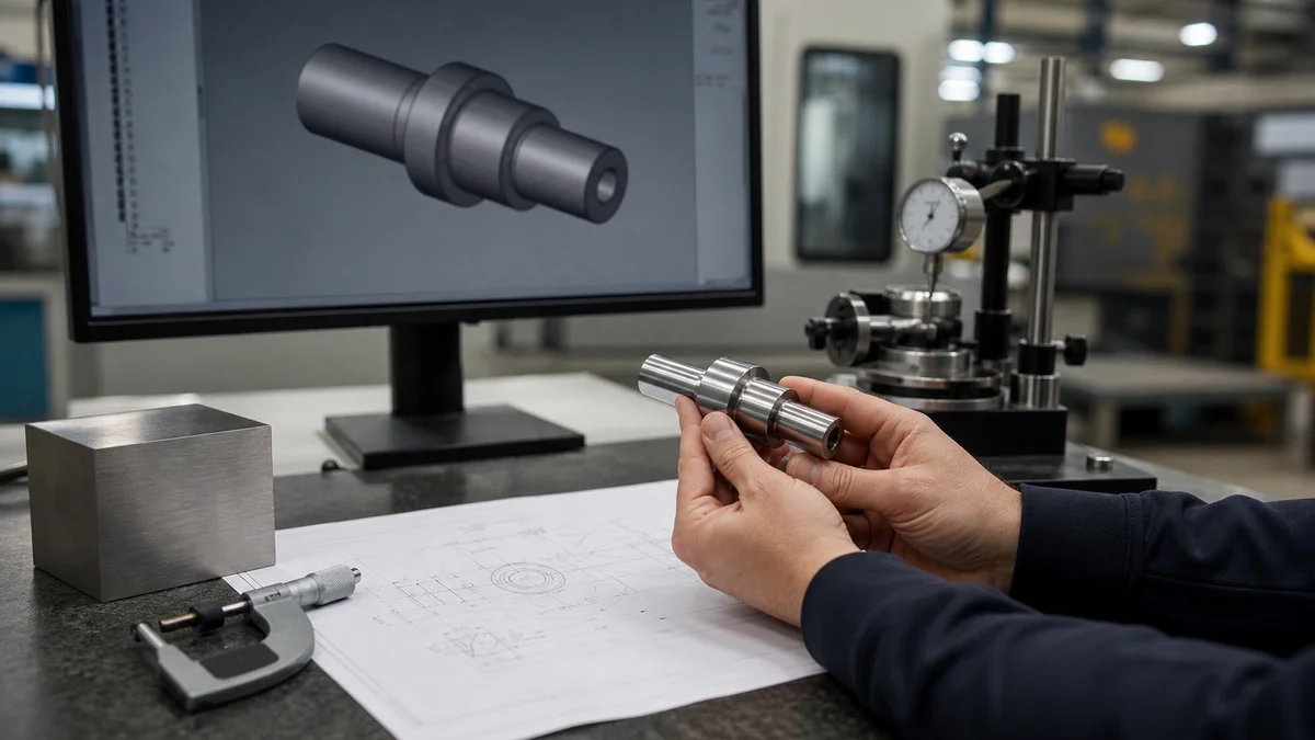Turned part, technical drawing, 3D model, material sample, and inspection tools arranged for an RFQ review.