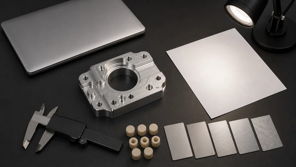 Machined part reviewed with a 3D model, drawing, finish samples, and inspection tools.