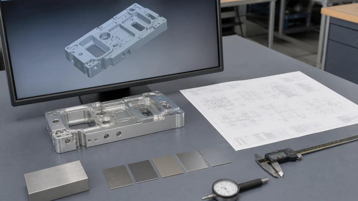 Machined part, CAD model, drawing sheets, material sample, finish coupons, and inspection tools prepared for RFQ review.