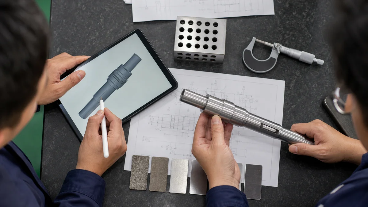 Grinding RFQ Part Review Machined shaft and ground block arranged with inspection tools and an unreadable CAD model.