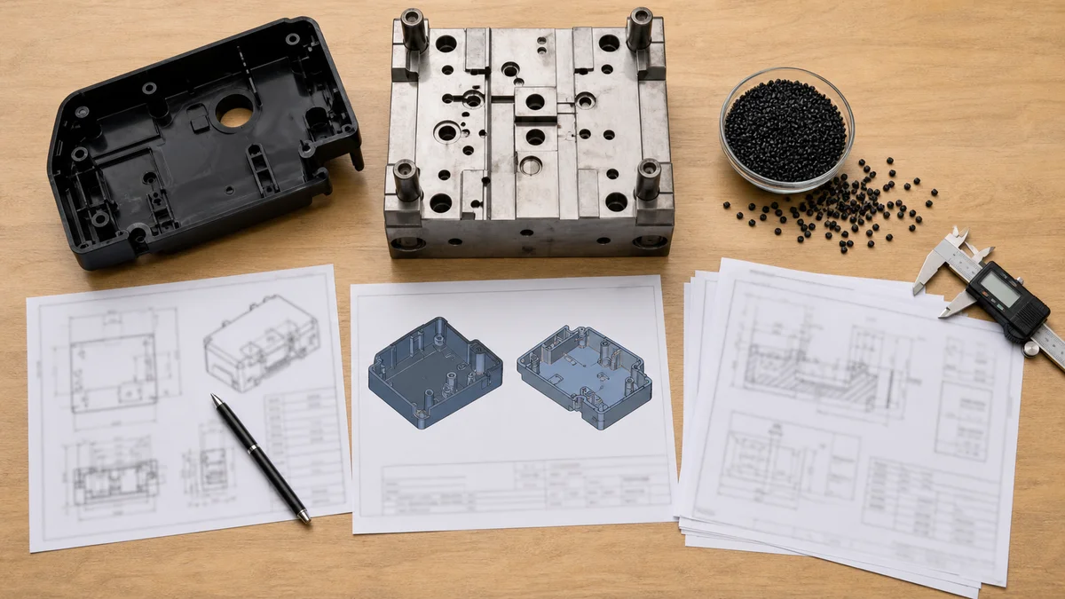 Molded housing, mold insert, resin pellets, measuring tool, and unreadable engineering documents prepared for an RFQ.