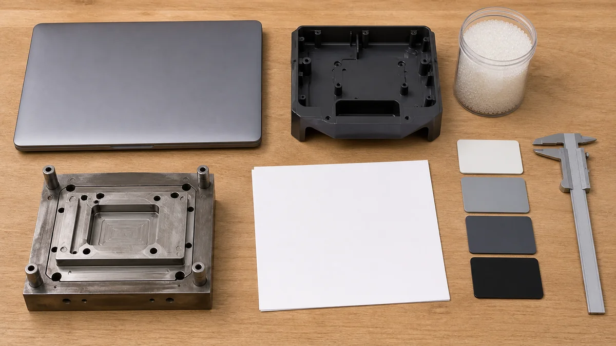 Molded housing, resin pellets, mold insert, CAD model, and controlled drawing materials prepared for an RFQ.