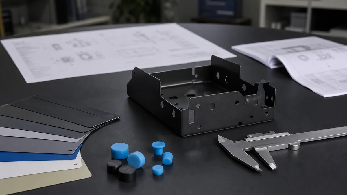 Formed sheet metal part, coating samples, masking plugs, inspection tools, and unreadable engineering documents arranged for an RFQ review.